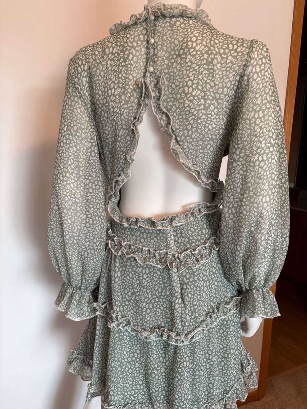 #564 Very Sexy Long Sleeve Ruffle Tiered Mini Dress in Sage Green with open back - Picture 6 of 13